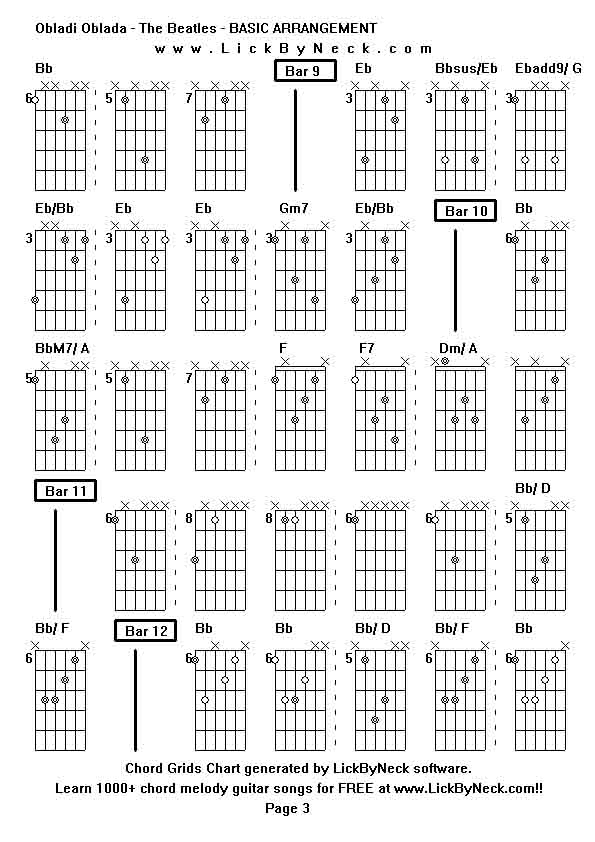 Chord Grids Chart of chord melody fingerstyle guitar song-Obladi Oblada - The Beatles - BASIC ARRANGEMENT,generated by LickByNeck software.